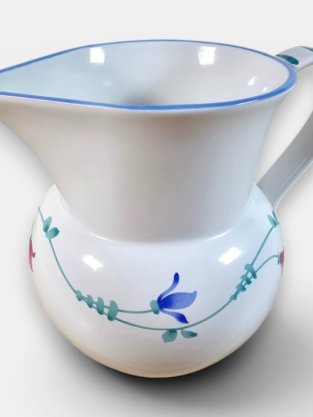 Savoir Vivre Portofino Blue Large Pitcher Jug Pointed Spout Floral Blue Trim 7"